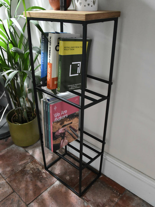 Oak and Steel Bookcase | Industrial Reading Corner Furniture | Bespoke Book Case Display | For New Home Decor Interior Design