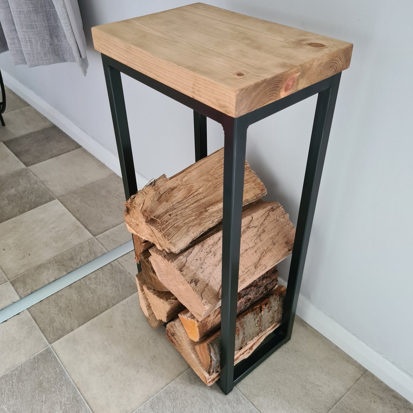 Oak and Steel Log Holder | Industrial Living Room Furniture | Bespoke Log Fire Storage | For New Home Stove Interior Design
