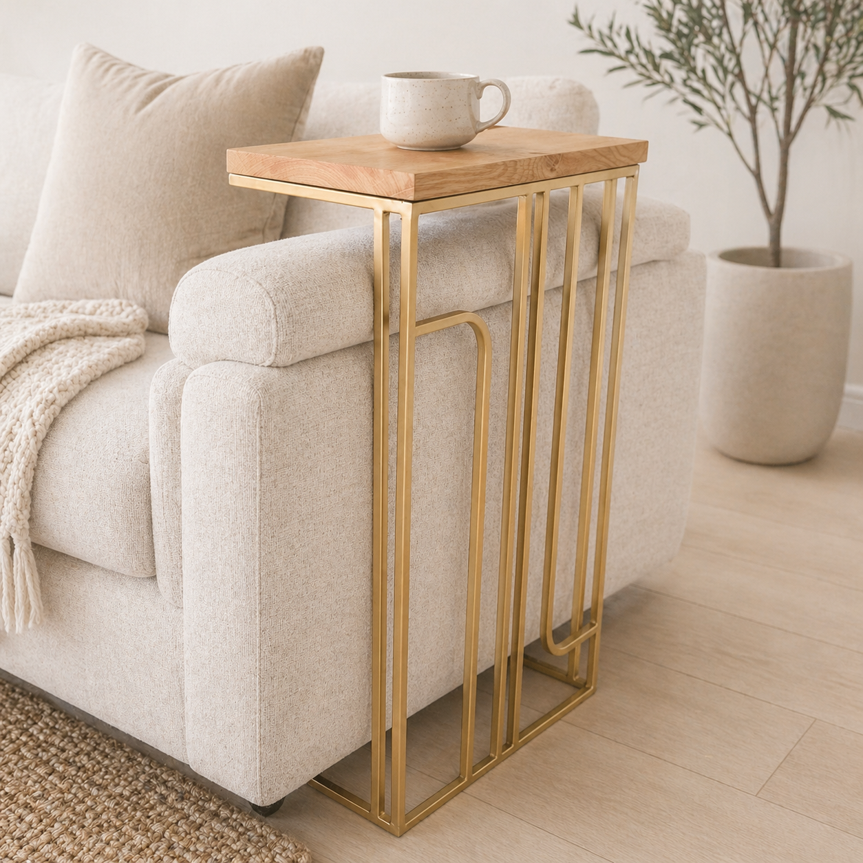 Gold Art Deco Sofa Side Table – Handmade Over Arm Table – Oak&Steel