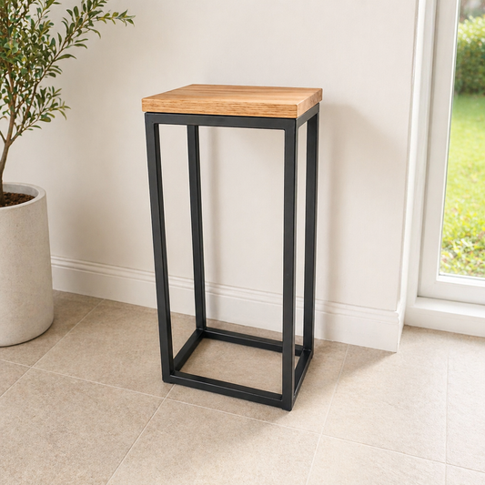 Industrial Side Table Plant Stand – Handmade Oak & Steel Display Table