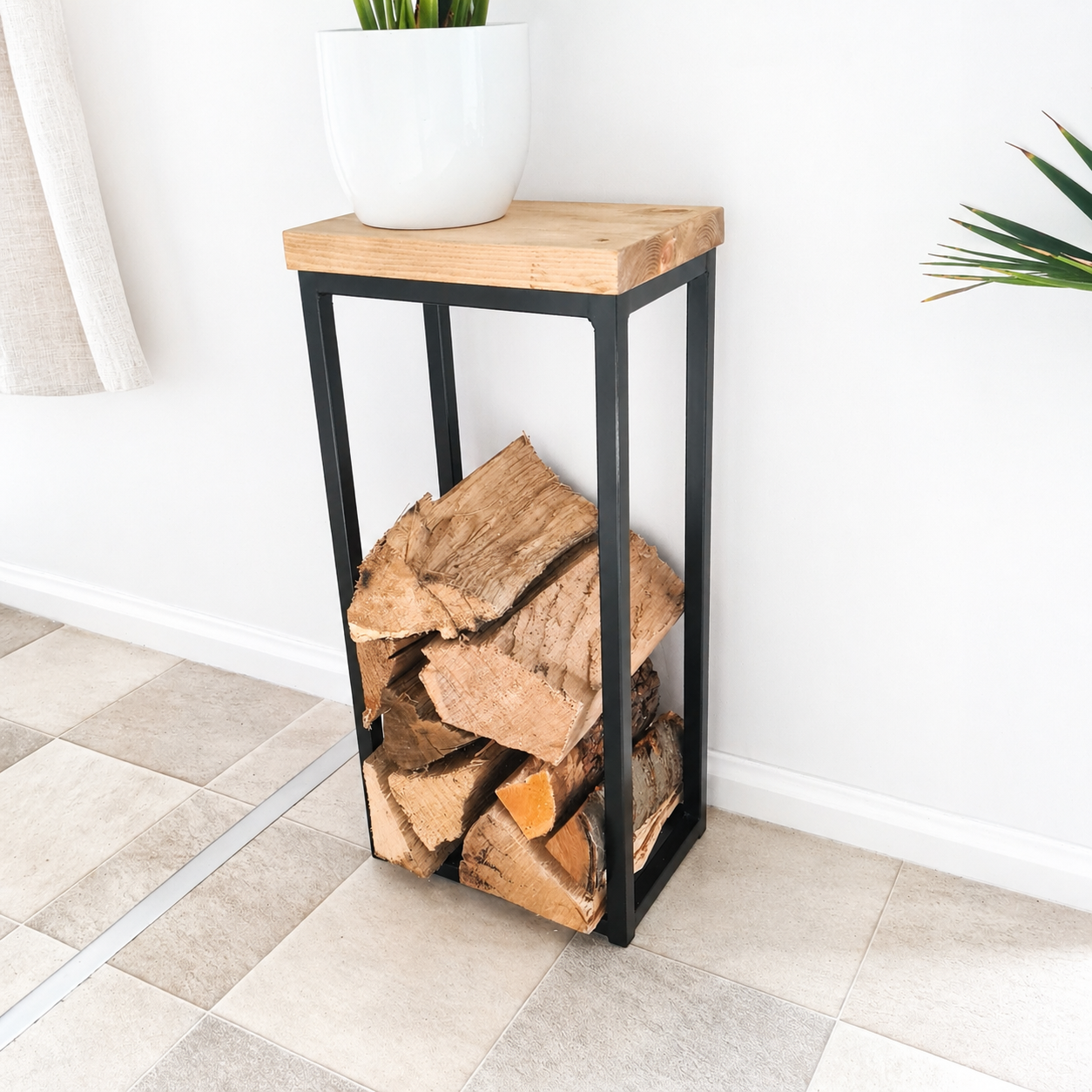 Oak & Steel Log Holder – Handmade Industrial Firewood Storage