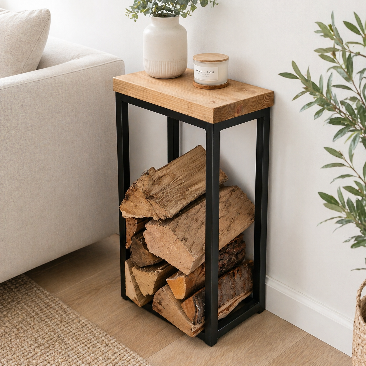 Oak & Steel Log Holder – Handmade Industrial Firewood Storage