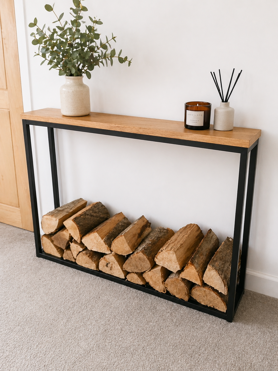 Oak & Steel Log Holder – Handmade Industrial Firewood Storage