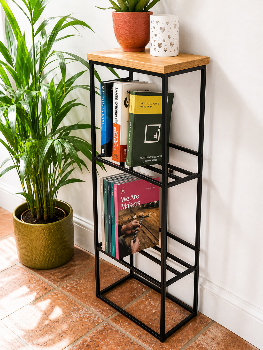 Oak & Steel Bookcase Shelf – Handmade Industrial Storage (Compact Design)