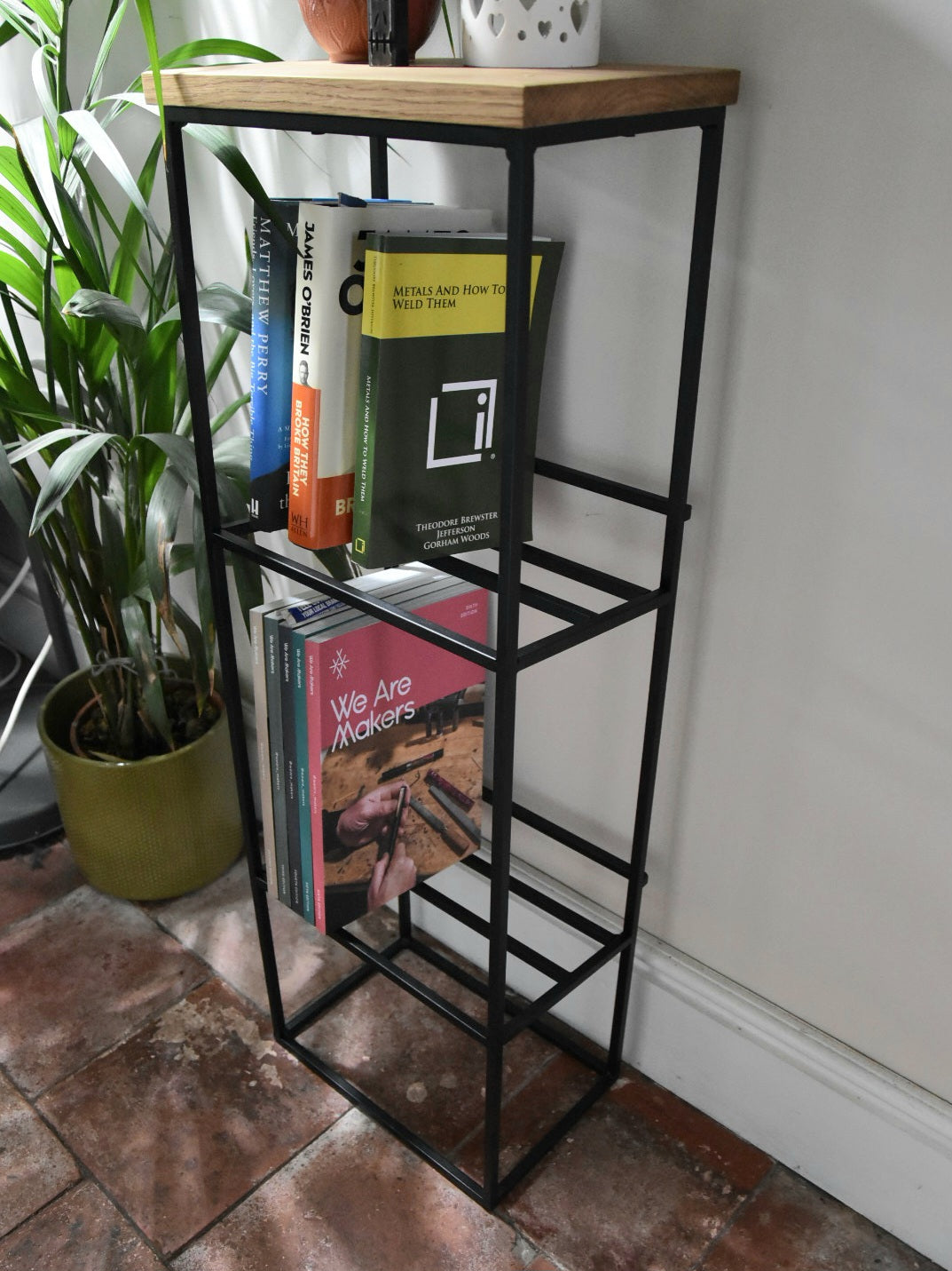 Oak and Steel Bookcase | Industrial Reading Corner Furniture | Bespoke Book Case Display | For New Home Decor Interior Design