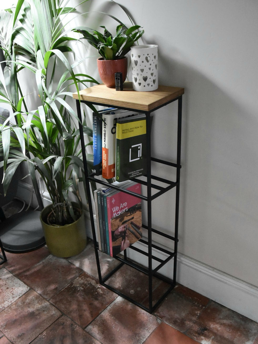 Oak and Steel Bookcase | Industrial Reading Corner Furniture | Bespoke Book Case Display | For New Home Decor Interior Design