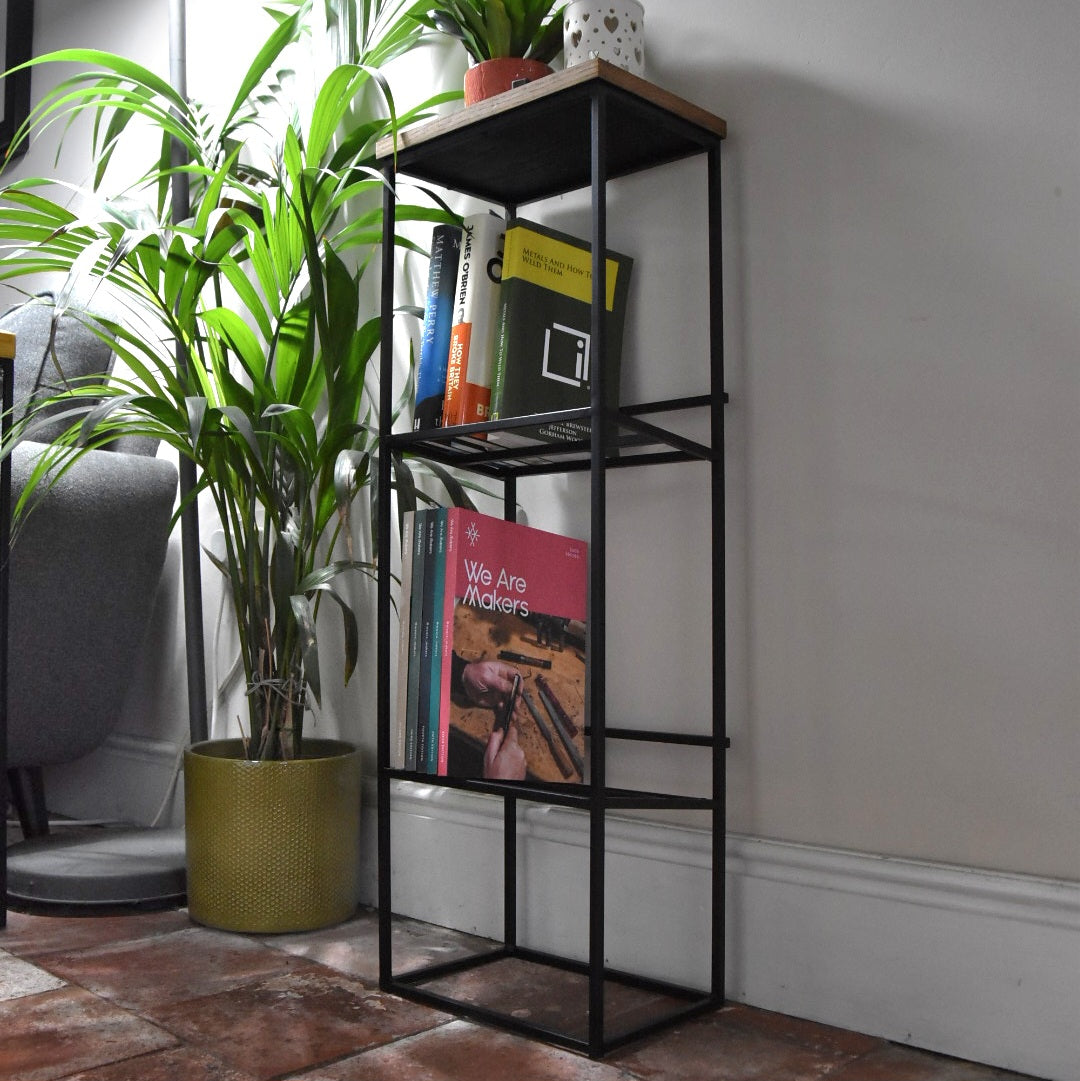 Oak and Steel Bookcase | Industrial Reading Corner Furniture | Bespoke Book Case Display | For New Home Decor Interior Design