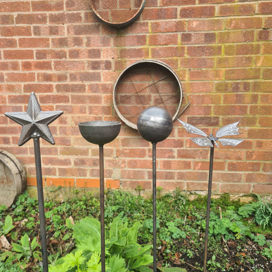 Garden Stakes Dragonfly Star Sphere Bird Feeder Water - Steel Modern Contemporary Steel Metal Wooden Industrial Style Home Garden Outdoor