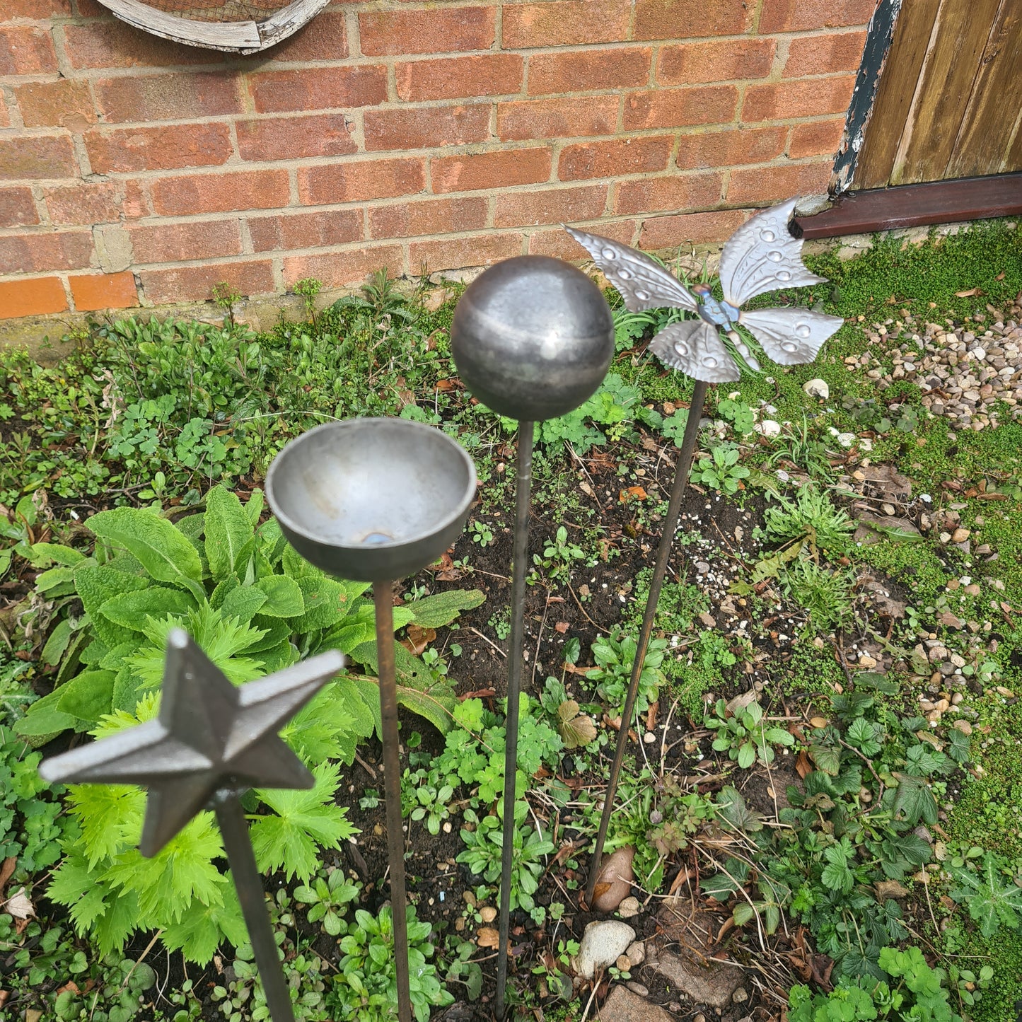 Garden Stakes Dragonfly Star Sphere Bird Feeder Water - Steel Modern Contemporary Steel Metal Wooden Industrial Style Home Garden Outdoor